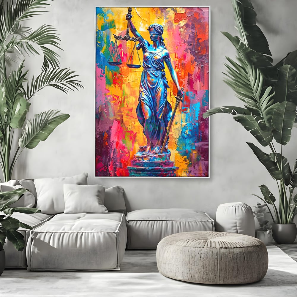Tablou canvas cu tablou canvas cu zeita justitiei, in rama de aluminiu argintiu, pe perete intr-un living